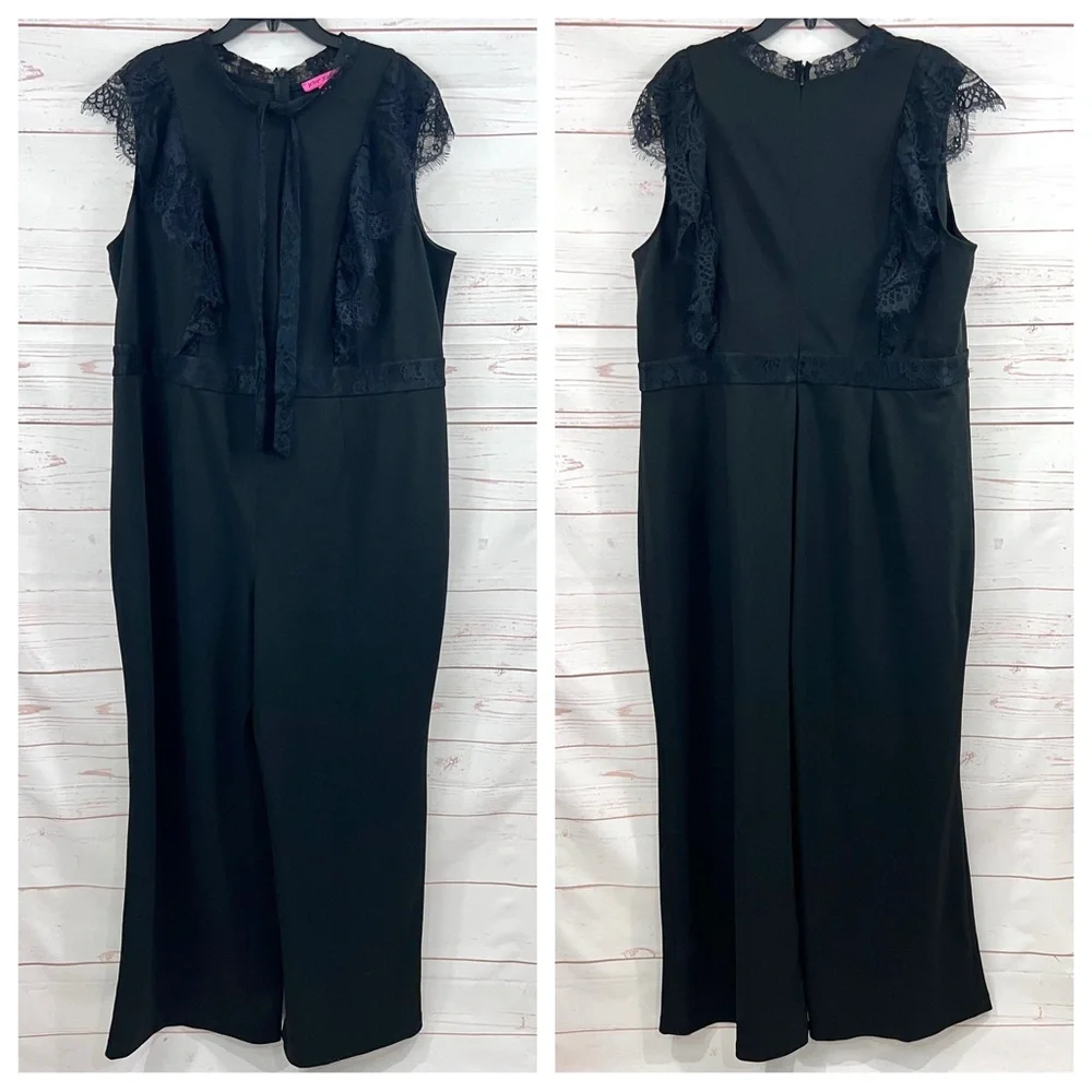 Betsey Johnson Black Lace Bow Tie Flutter Sleeve Wide Leg Sleeveless Jumpsuit